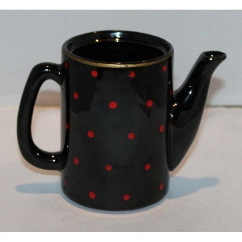 vintage 3 stack tea pot with creamer & cup black red polka dots gold trim Japan